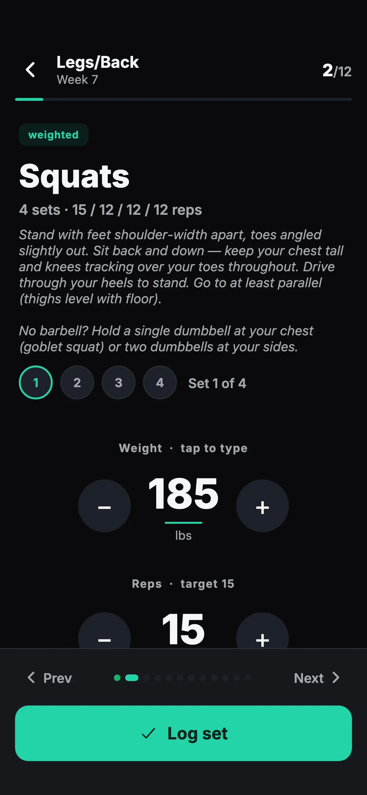 A squat exercise card with target sets and reps, set-by-set weight and rep logging, and a how-to video