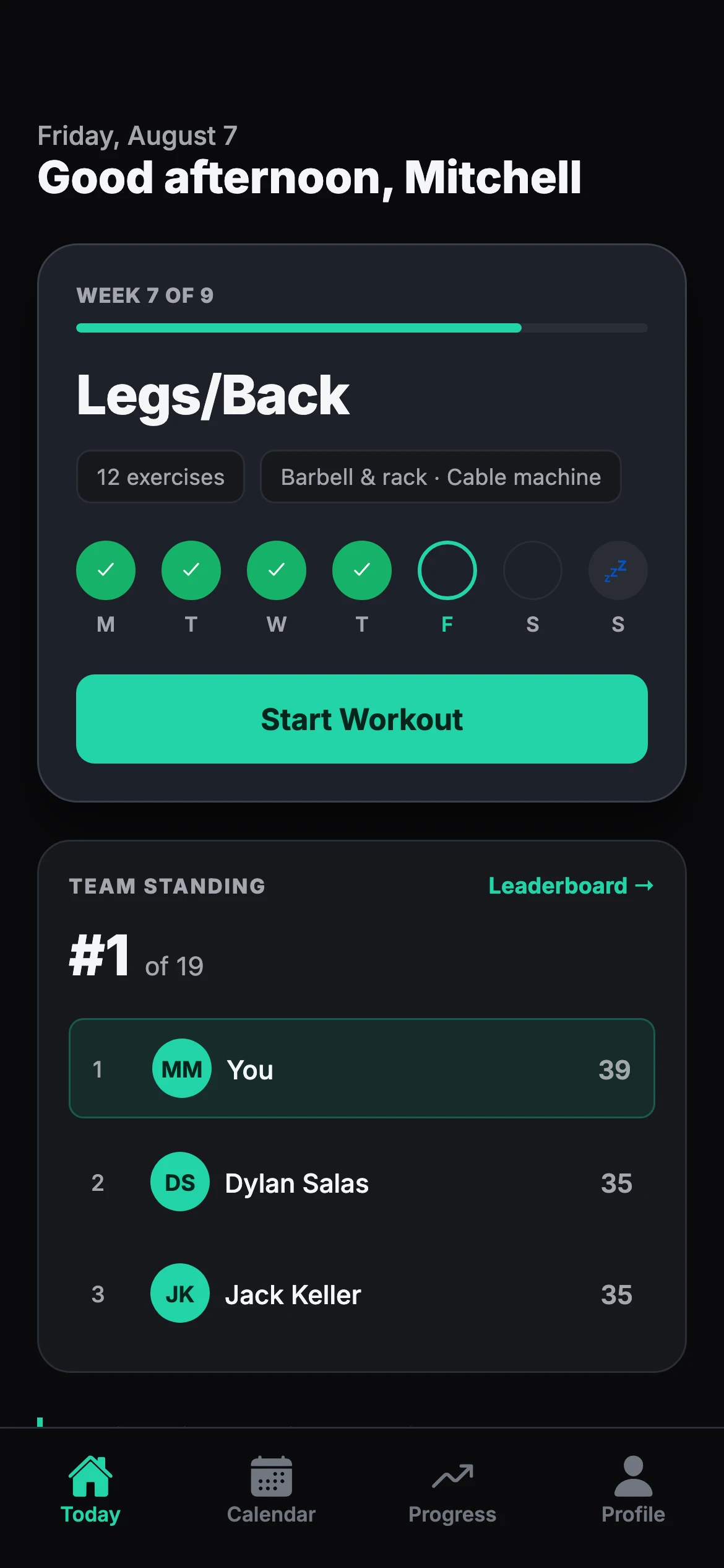 A player home screen showing today's workout, this week's progress, the team standing, and a Start Workout button