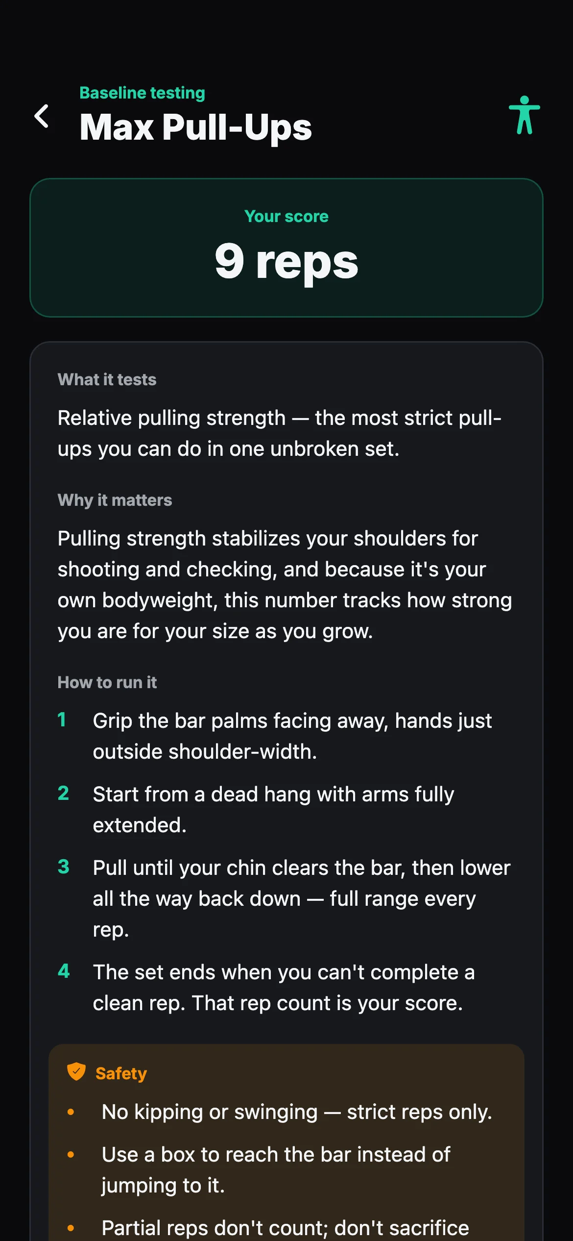Max pull-ups testing instructions with safety cues